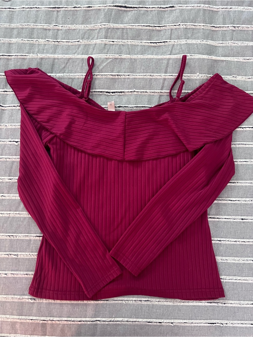 Off-Shoulder Ruffle Ribbed Long-Sleeve Top - Berry - Picture 2 of 3